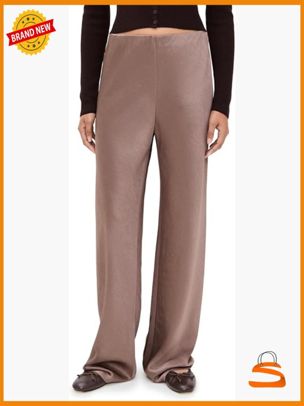 High Waist Fluid Satin Bias Pant - Wide Leg Slacks Pull On